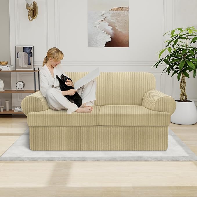 Waterproof Loveseat Cover 3-Piece Set Striped Slipcover for 2 Separate T Cushion Couch - TPU Fabric 2-Seater Sofa Covers Leakproof Couch Protector for Kids, Pets(Loveseat, Camel)