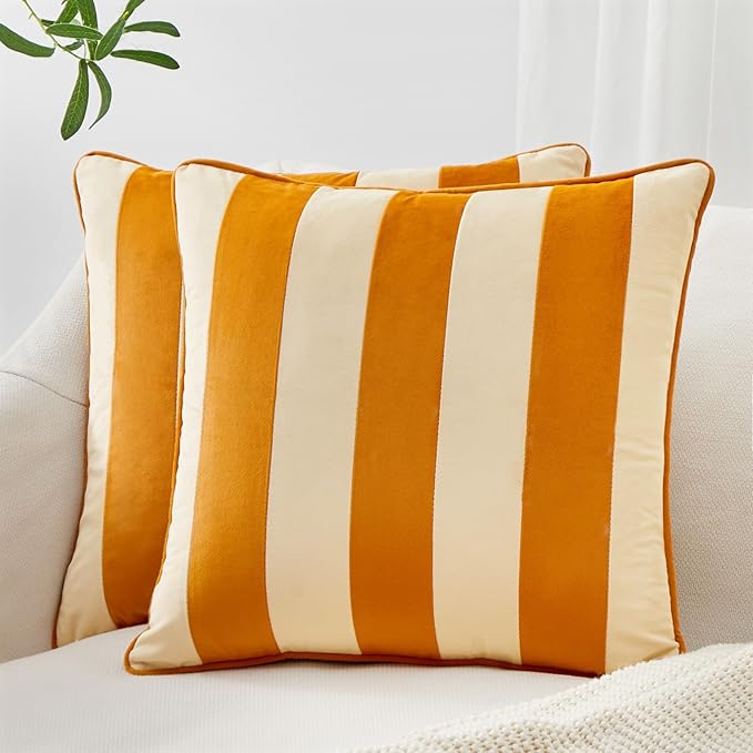 MONDAY MOOSE Decorative Throw Pillow Covers Cushion Cases, Set of 2 Soft Velvet Striped Piping Edge Designs, Pillow Inserts Not Included (Honey/Cream, 16x16 inch)