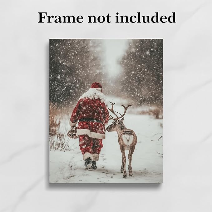 llguiidecal Vintage Santa Claus and Reindeer Wall Art Print, Rustic Christmas Winter Forest Photography, Holiday Farmhouse Snow Scene Print, Cozy Nordic Christmas Decor (8X10 Inch-Unframed)