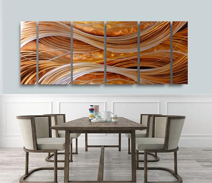 Yihui Arts 6-Piece Handcrafted Aluminum Abstract Wall Art, Modern Metallic Gold Silver Wavy Lines Panel Painting, Large Contemporary Home Decor for Living Room Office Hotel