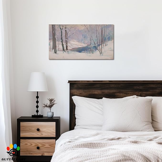 GUTTATY Christmas Winter Scene Canvas Wall Art, Soft Pastel Snowy Forest Landscape Canvas Prints, Tranquil Blue and Lavender Wall Decor for Living Room, Holiday Pictures Poster, 40x20 Inch