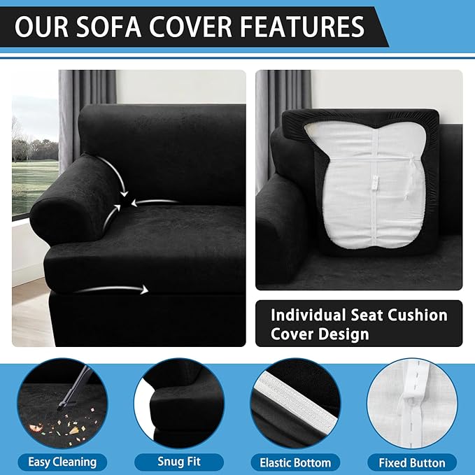 3-Pieces T Cushion Loveseat Slipcovers Leather Look Couch Cover Loveseat Covers for 2 Cushion Couch Furniture Protector Stretch Sofa Cover with 2 Individual T Cushion Seat Covers, Black
