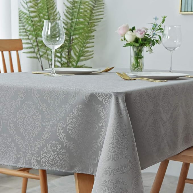 maxmill Jacquard Tablecloth Damask Design Water Resistance Antiwrinkle Heavy Weight Soft Table Cloth for Buffet Banquet Parties Event Holiday Dinner Rectangle 60 x 84 Inch Light Grey