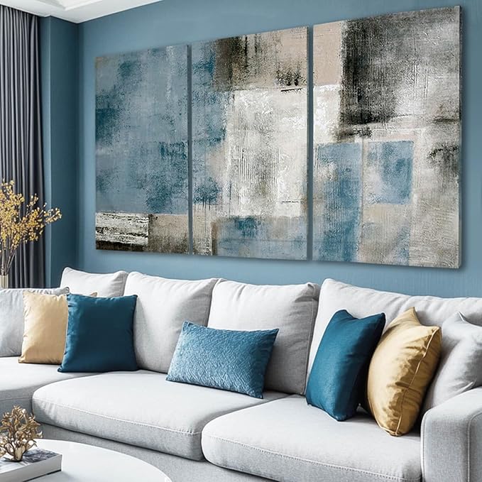 SDYA Home Decor Black And White Wall Art Navy Blue Wall Pictures Large Wall Paintings Hand Painted Artwork 24"x 48"x3p