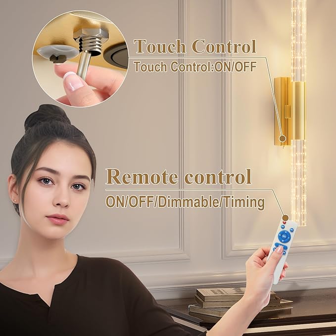 camuucci Battery Operated Gold Wall Sconces Set of 2 Rechargeable Battery Powered Wall Light with 12000mAh Not Hardwired Dimmable Wall Lamp Fixtures for Bedroom Living Room 25.6 Inches
