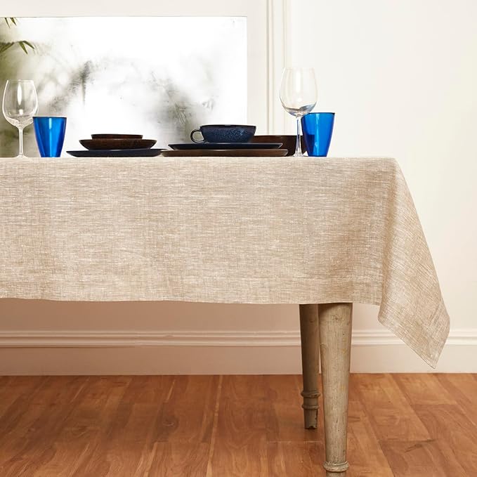 Solino Home Linen Tablecloth 60 x 132 Inch - 100% Pure Linen Champagne Beige Table Cloth for Rectangle Tables - Athena, Machine Washable Tablecloth for Fall, Autumn, Thanksgiving, Christmas, Holiday