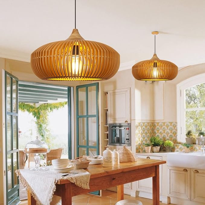 Arturesthome Wooden Pendant Light Kitchen Island, Rustic Farmhouse Wood Hanging Ceiling Lamp Fixture for Cafe Basement Hallway Foyer