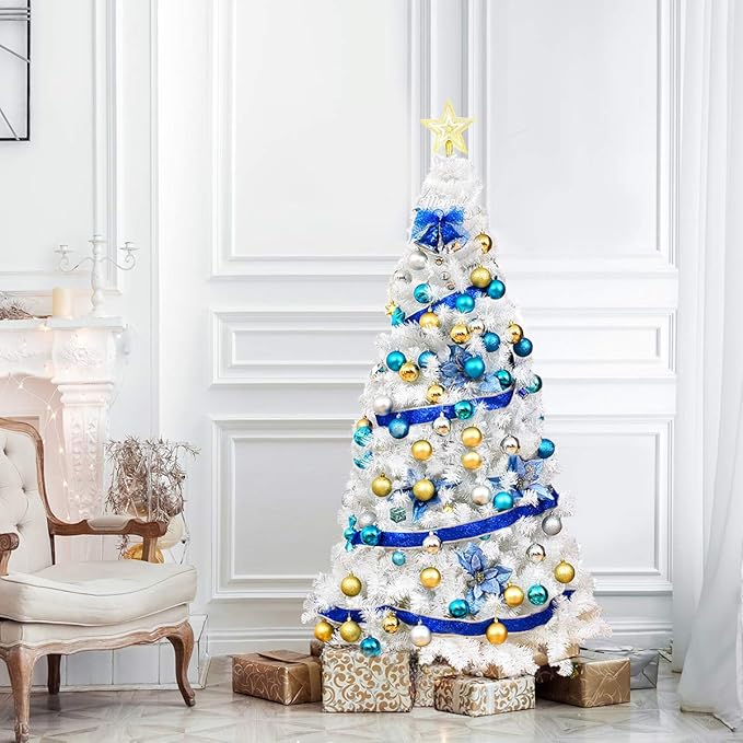 GOFLAME 5FT Artificial White Christmas Tree Home Holiday Décor, Metal Stand PVC Material 350 Branches Indoor Decoration, Easy Assembly