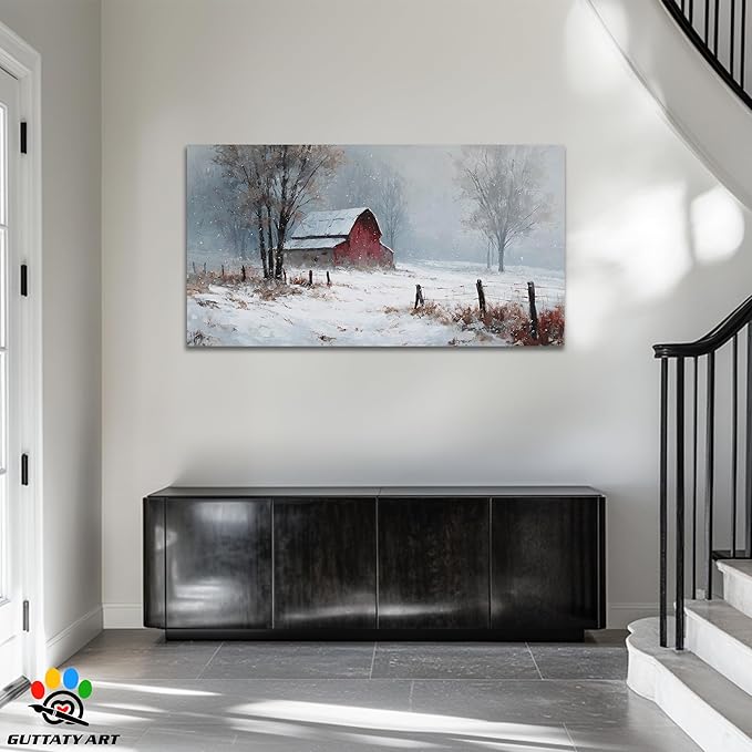 GUTTATY Christmas Winter Scene Canvas Wall Art, Red Barn Farmhouse Snowy Wall Painting, Rustic Poster Artwork, Cozy Seasonal Wall Decor Pictures for Living Room, Bedroom, Office, 60x30 Inch