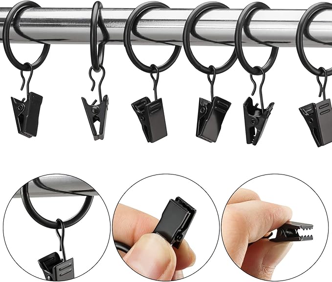 20 Pack Curtain Rings with Clips, Rustproof Curtain Rings with Clips ，Curtain Clip Rings Hooks for Hanging Drapery Drapes Bows, Curtain Rod Rings 1 inch Interior Diameter（ Black）