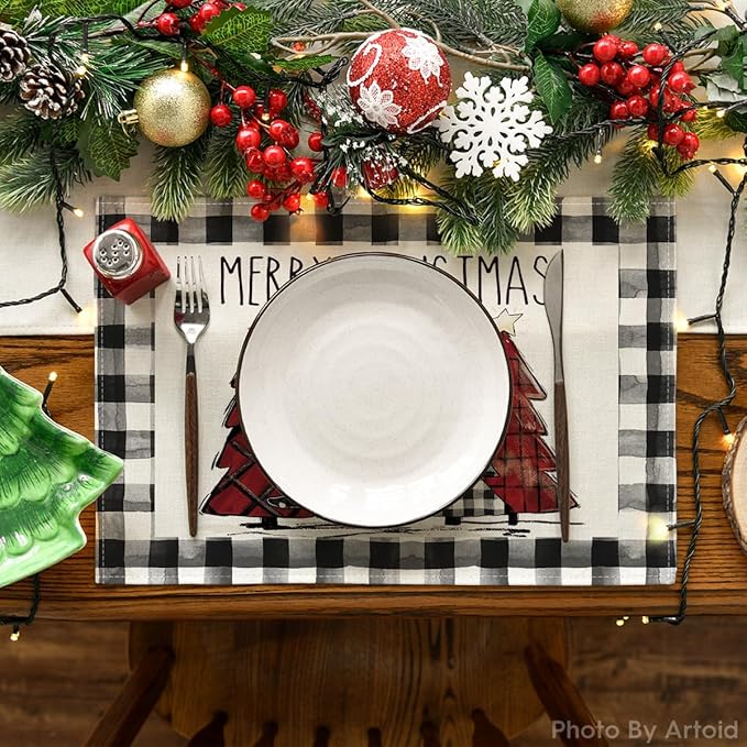 Artoid Mode Waterclor Buffalo Plaid Christmas Trees Placemats Set of 12, 12x18 Inch Winter Table Mats for Outdoor Home Party Kitchen Dining Decor