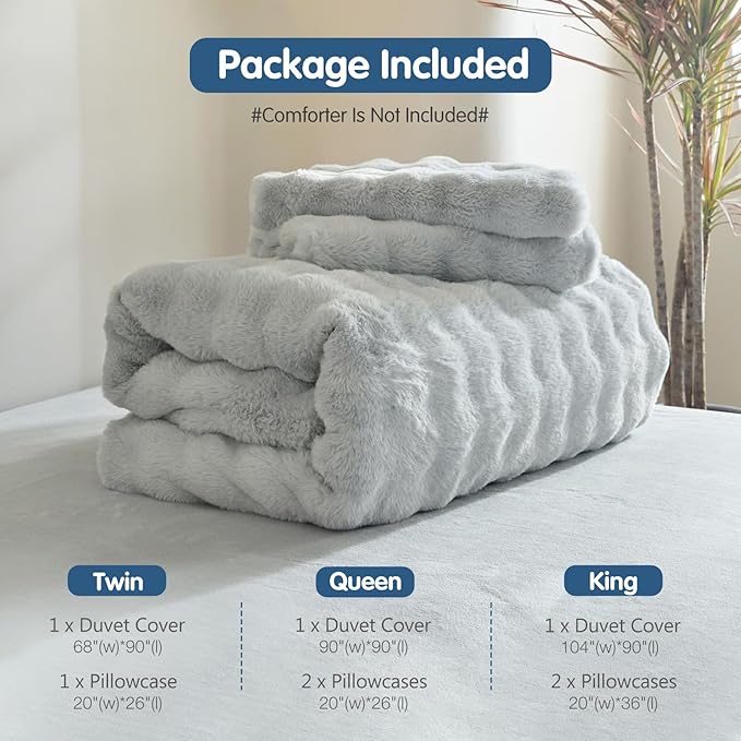 Tokokimo Fluffy Fleece Queen Size Duvet Cover Set, Ultra Soft Reversible Heavyweight Bedding Set, Extra Warm Winter Duvet Cover Set with 2 Pillow Cases, All Season Fuzzy Comforter Cover Set, Grey