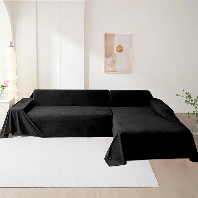 MEETSKY Couch Covers for 3 Cushion Couch Sofa Washable Cat Scratch Proof Sectional Couch Covers L Shape Sofa Cover Slipcovers Couch Furniture Protector for Pets Dogs Kids, 91" x 118", Black