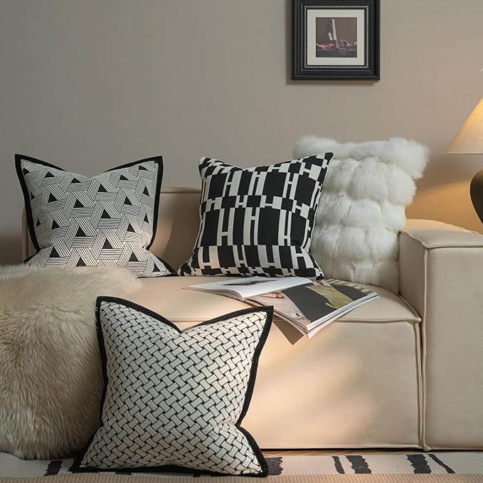 New 18x18'' inches Throw Pillow Cushion Covers - White H Letter Black Color Chenille Jacquard Embroidery Luxury Modern Style Couch Sofa Bed Pillow Cover for Living Room Bedroom