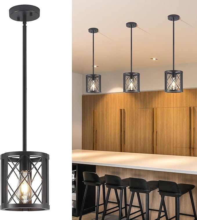 Farmhouse Pendant Light for Kitchen Island - Industrial Metal Lantern Black Pendant Lighting Single Hanging Light Fixture with 49.2" Adjustable Rods for Dining Room, Over The Sink, Hallway