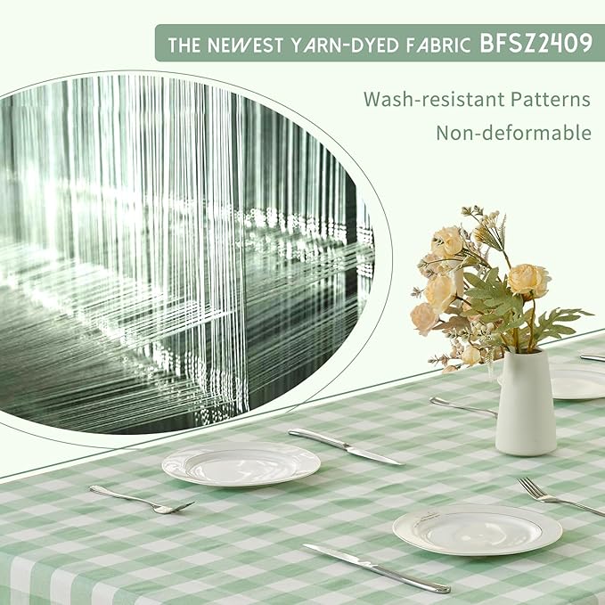 BALCONY & FALCON Rectangle Gingham Table Cloth – Water-Resistant Cotton Blend, Spill-Proof & Washable Checkered Tablecloth for Kitchen, Dining, Picnic, Party (Green White, 55x95 Inch)