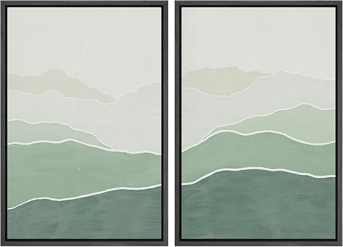 SIGNWIN Framed Wall Art Print Set Green Gradient Wave Landscapes Abstract Shapes Illustrations Modern Art Bohemian Relax/Calm Multicolor for Living Room, Bedroom, Office - 24"x36"x2 Black