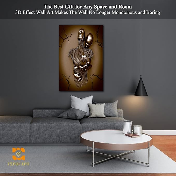 HIPOCAPO 3D Metal Effect Wall Art - Love Heart Canvas Art, Gold Decor for Living Room, Romantic Couple Room Framed 24”x36”x1Pcs 3d Art-17