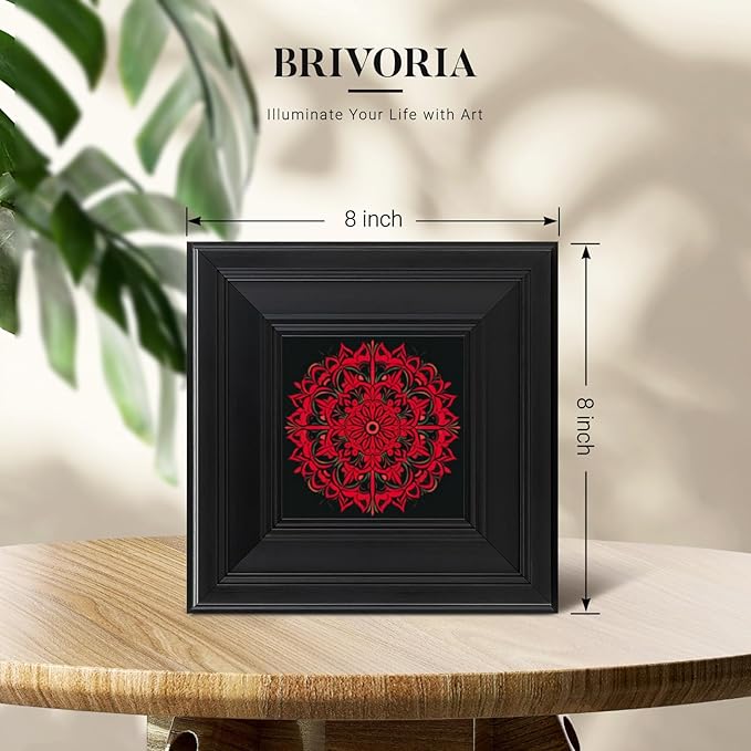 Brivoria Mandala Wall Art Home Decor, Framed Red Ember Glow Mandala Artwork, Modern Spiritual Accent for Meditation Corner Desk Shelf or Bedroom, Warm Wall and Tabletop Display, 8x8