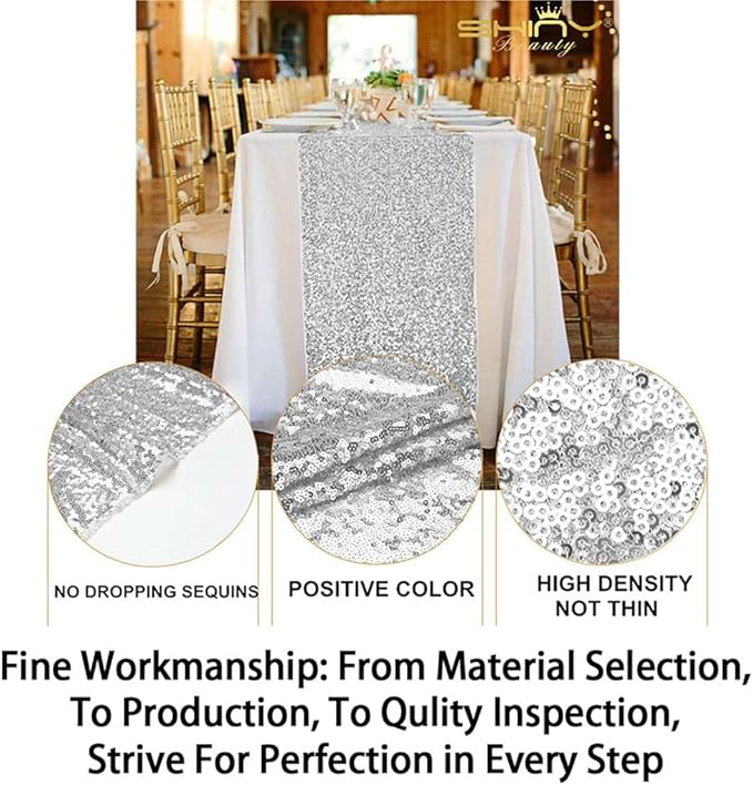 ShinyBeauty Sequin Tassel Table Runner 12x108-Inch Silver Christmas Decorations Silver Table Runner 108inch Christmas Table Runner Y1126