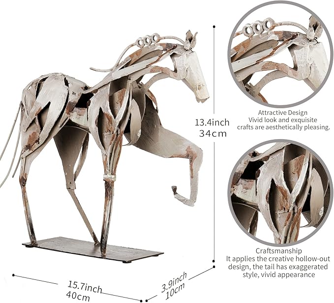 Handmade Metal Horse Statue Decor - Handcrafted & Hand-Painted Sculpture, Unique Rustic Figurine for Home, Office, Desk Decoration (White)