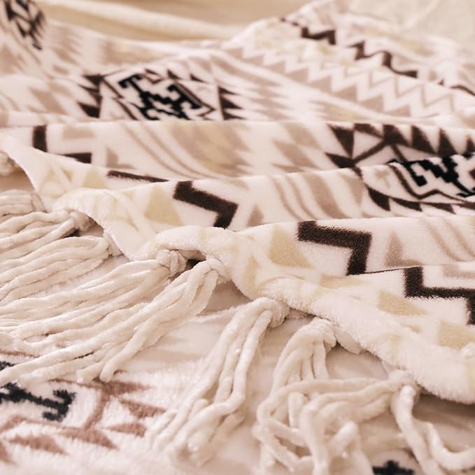 CASAAGUSTO Boho Throw Blanket - Beige and Gray Decorative Blankets with Tassel, Printed Flannel Bohemian Blanket for Chair, Bed, Sofa, Couch(50 * 60, Beige and Gray)