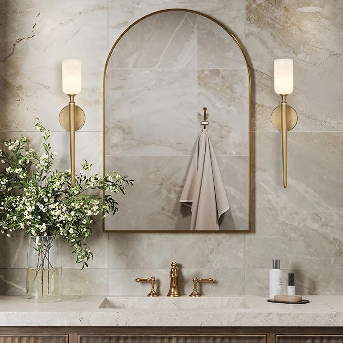 Alabaster Wall Sconces Set of Two, 22in Modern Spanish Natural Marble Bathroom Vanity Sconces, Brass Alabaster Sconce Wall Lighting, Gold Wall Light Fixtures Decor for Bedroom Living Room Staircases