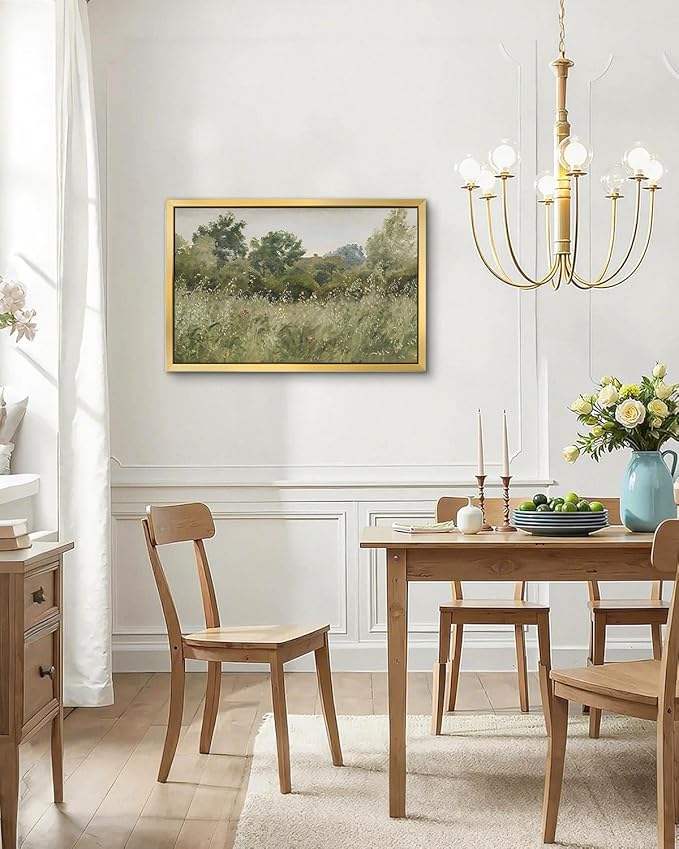 AIMAILON Vintage Gold Canvas Wall Art Framed Decor Retro Rural Scenery Spring Grassland Nature Theme Print Artwork Tranquil Rustic Outskirt Wildflower Landscape Classical Decoration 12x18