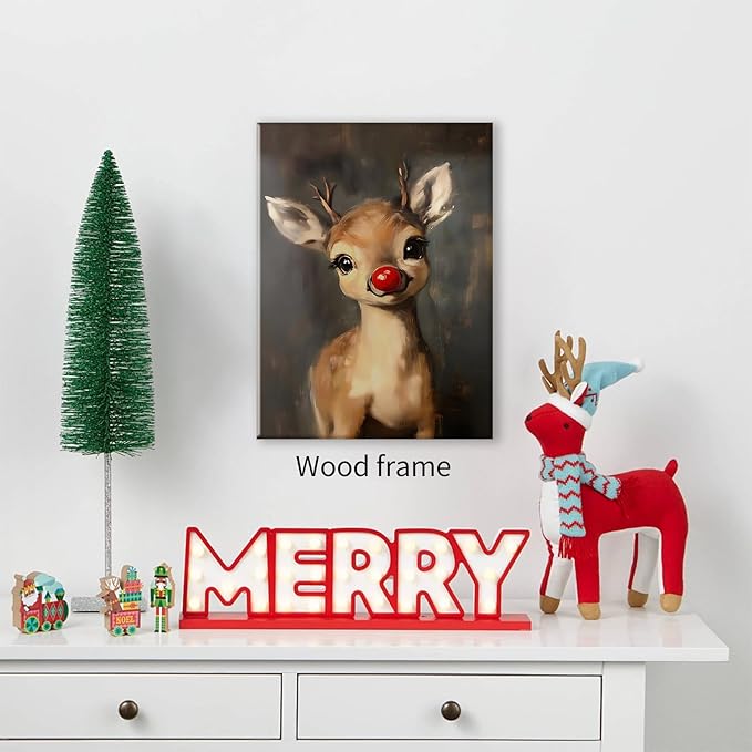 Christmas Reindeer Wall Art Winter Cute Whimsical Animal Canvas Poster 24x36 inch Framed Vintage Red Nose Deer Painting Prints for Rustic Living Room Bedroom Wall Decor