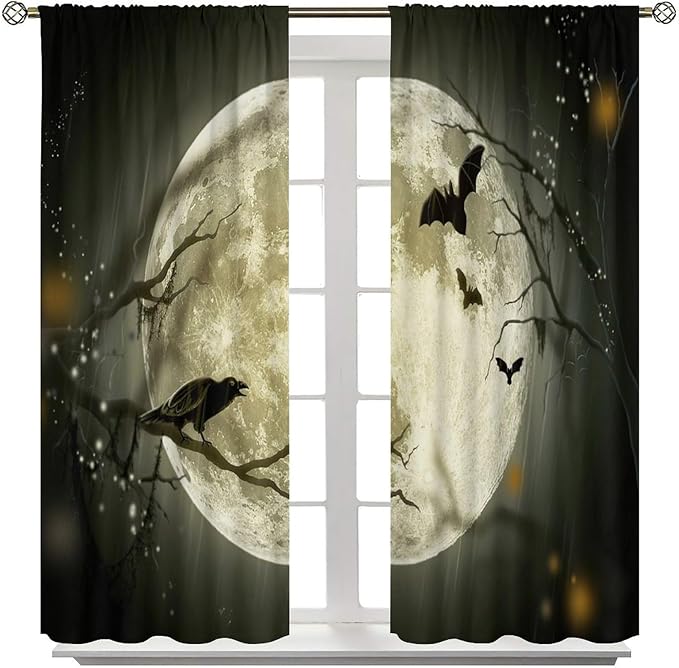 Gothic Halloween Full Moon Blackout Curtains, Gothic Halloween Night Black Bat Crow Print Window Drapes, for Kids Boys Bedroom Living Room 21(W)*45(L) 2 Panels