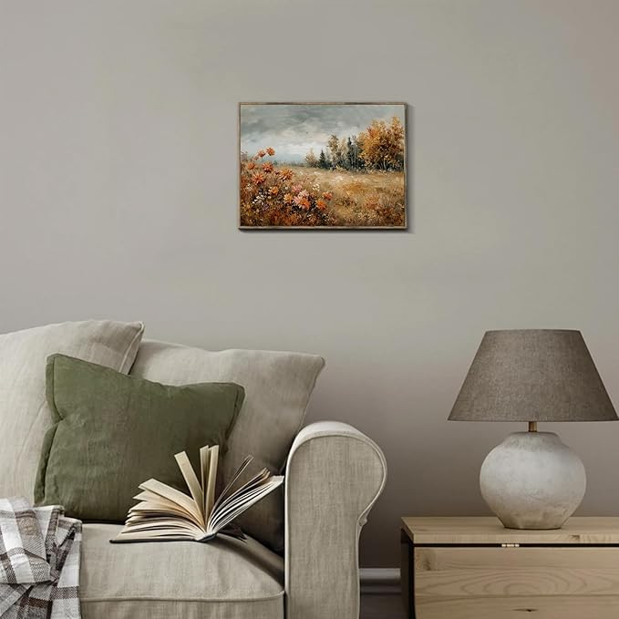 XOCUUI Autumn Landscape Painting Wildflower Fall Canvas Poster Art Print Vintage Rustic Wall Art Retro Farmhouse Wall Decor Aesthetic 12x16inch Unframed