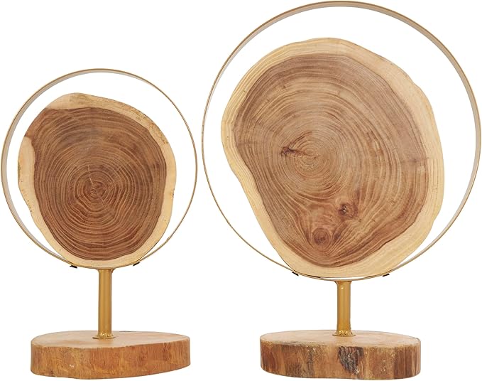 Deco 79 Wood Abstract Handmade Decorative Sculpture Live Edge Slab Home Decor Statues with Gold Metal Rings, Set of 2 Accent Figurines 14", 11"H, Brown
