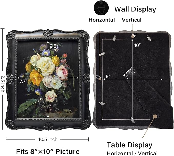 SYLVIA'S SHOP 8x10 Vintage Picture Frame, Antique Black Ornate Photo Frame, for Tabletop and Wall Display, Decorative Floral Design Retro Home Decor, Photo Gallery Art