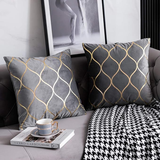 Gold Velvet Throw Pillow Covers: 2 Pack 18x18 Inch Square Decorative Pillow Cases for Bedroom Sofa Couch Living Room, Light Grey