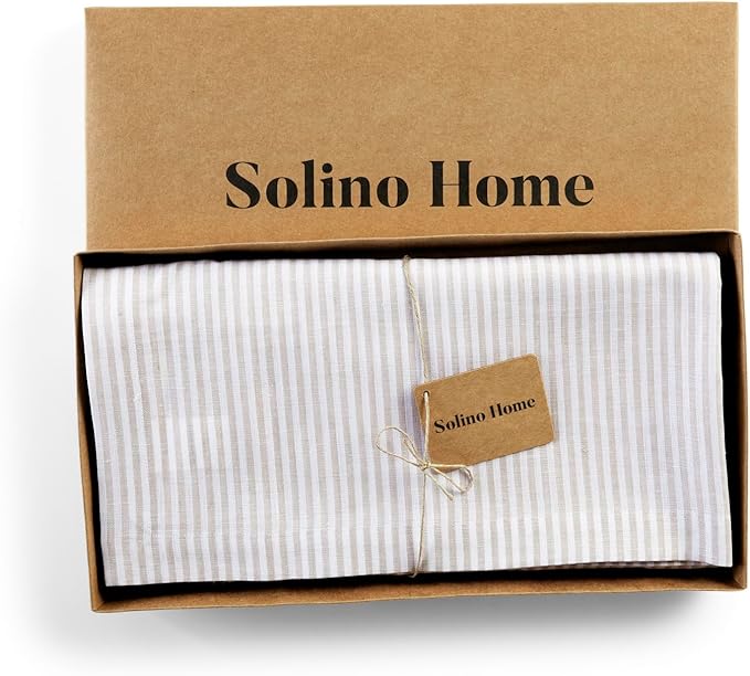 Solino Home Linen Tablecloth 52 x 52 Inch - Narrow Stripe, 100% Pure Linen Natural and White Square Tablecloth - Machine Washable Table Throw for Fall, Autumn, Thanksgiving, Christmas, Holiday, Winter