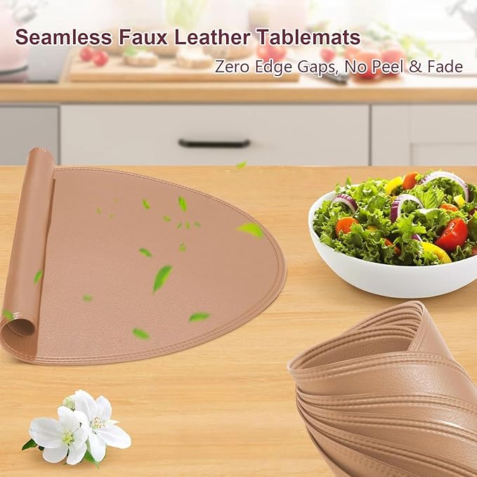 Round Vinyl Pink Placemats Set of 6, Faux Leather Waterproof Wipeable Heat Resistant Place Mats, Washable Table Mats for Halloween, Thanksgiving & Christmas Dinner(Pink)