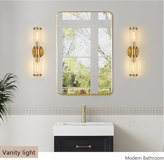 17.5 inch Gold Wall Sconces, Modern Wall Sconces Lighting with Clear Glass Shade, 2-Light Gold Vanity Light Wall Lamp for Mirror Bathroom Kitchen Living Room