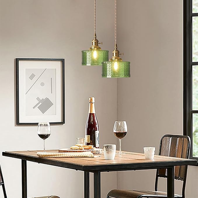 Vintage Pendant Light Fixtures, Brass Socket with ON/Off Switch and Green Glass Lamp Shade Pendant Light for Kitchen Island Farmhouse Living Room (Green,Scaly)