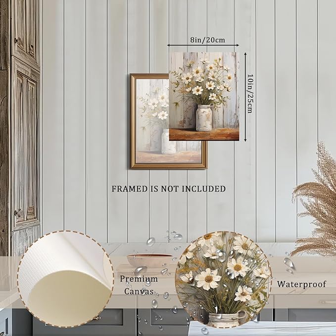 XOCUUI Vintage Canvas Wall Art, Modern Gallery Decor Print White Daisy Flower With Leaf In Bottle Theme Picture Artwork For Walls Ready for Kitchen Bedroom Decor Size 12x16