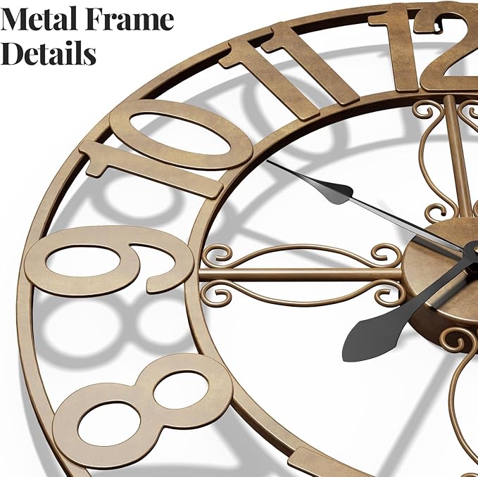 Wall Clock, 16 Inch Bronze Metal Wall Clock Silent Non-Ticking Battery Operated, Large Round Retro Arabic Numerals Analog Decorative Clocks for Living Room Kitchen Mantel Office