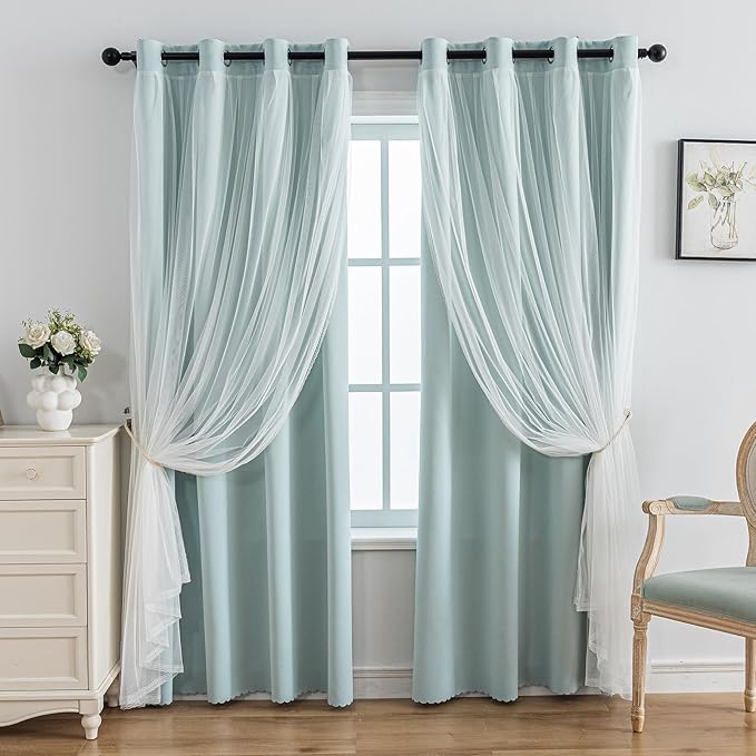 Anytime Home Curtains Blackout and Sheer Layered Solid Window Curtain Panel Pair with Grommet Top, 52Wx63L,Light Blue