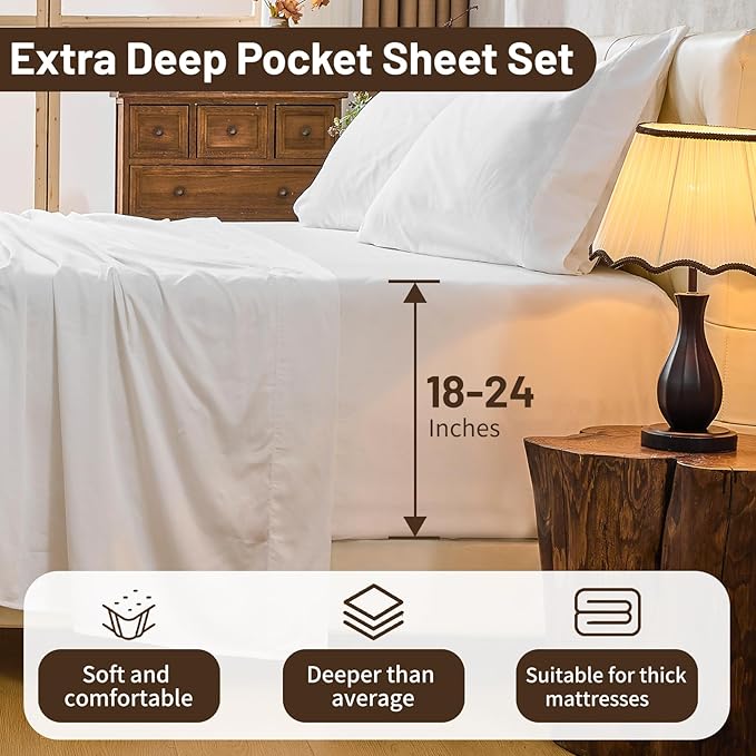 MEISHANG Extra Deep Pocket Cotton Sheets King Size - 100% Egyptian Cotton 1000 Thread Count - Fits 18"-24" in Deep Mattress,Oeko-Tex Certified, Soft & Breathable - 4 Piece (King, White)