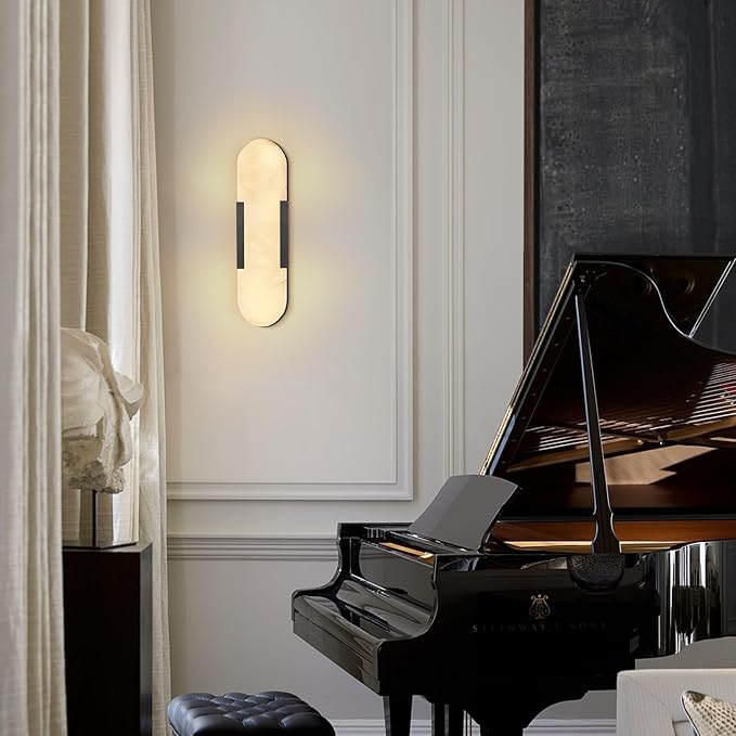 Alabaster Wall Sconce, 13.8" Natural Marble Wall Sconce, Black Alabaster Sconces, Indoor Modern Bathroom Sconces Wall Lighting for Living Room, Bedroom, Hallway, Stairs