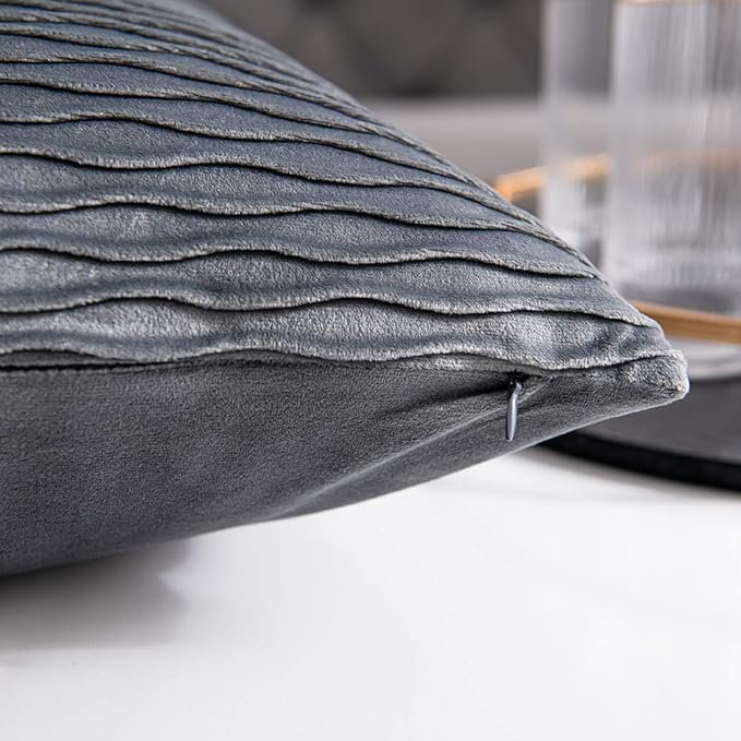 Grey Striped Decorative Pillow Cases: 2 Pack 16x16 Inch Original Velvet Square Throw Pillow Covers for Farmhouse Couch