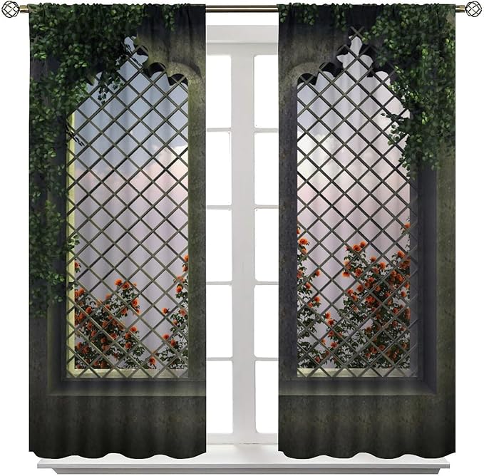 Gothic Mid Century Flower Blackout Curtains, Vintage Castle Botanical Floral Print Pattern Window Drapes, for Living Room Bedroom 27.5(W)*63(L) 2 Panels