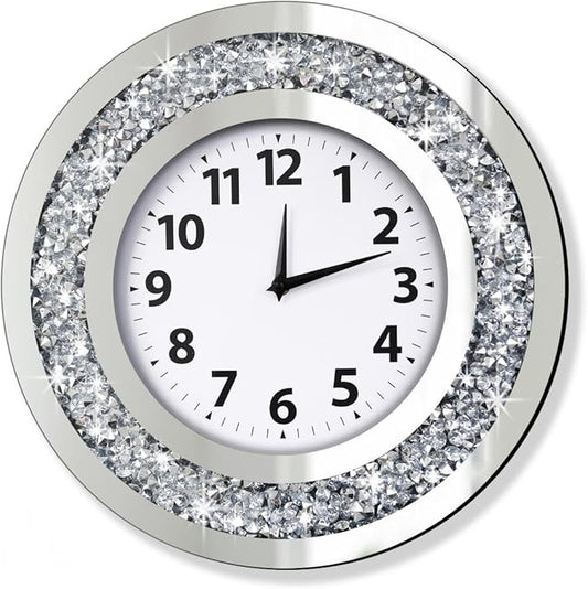 DMDFIRST Crystal Crushed Diamond Mirrored Round Wall Clock 16x16x2 inches for Wall Decoration Silver Glass Mirror Clock Sparkle Twinkle Bling Home Decor. AA Battery is not Included.