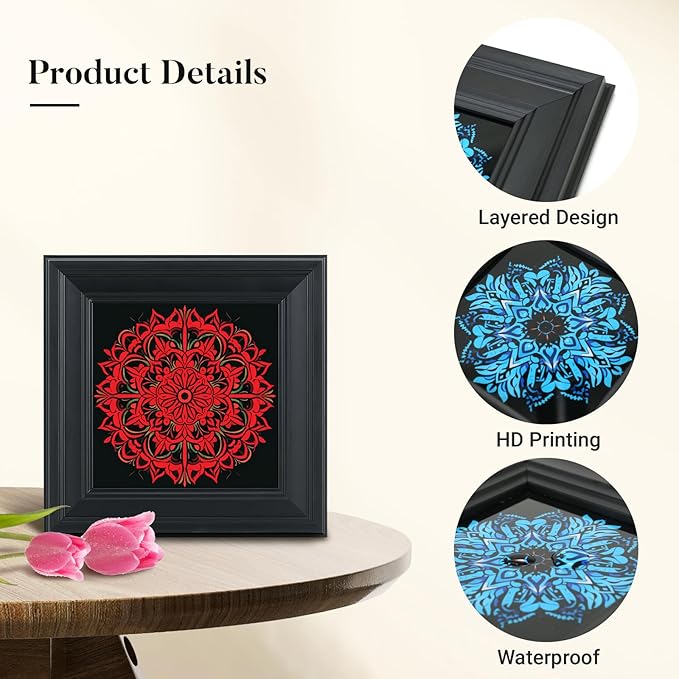 Brivoria Mandala Wall Art Home Decor, Framed Red Ember Glow Mandala Artwork, Modern Spiritual Energy Wall Decor for Living Room Bedroom or Meditation Space, Warm Decorative Accent, 12x12