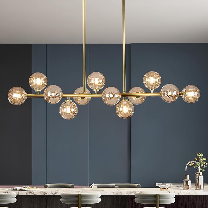 50" Large Sputnik Globe Chandelier, 12-Light Mid Century Modern Light Fixture Over Table, Brass Gold Linear Chandeliers for Dining Room and Kitchen Island (Amber Glass Bubble Shades)
