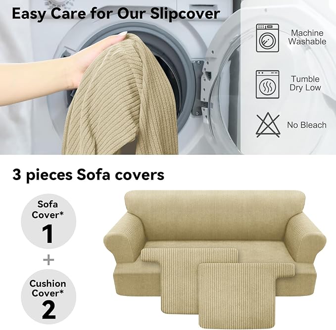 Waterproof Couch Cover 3-Piece Set Striped Sofa Slipcovers for 2 Separate T Cushion Couch - TPU Fabric Sofa Covers Leakproof Couch Protector for Kids, Pets(2 Cushion Sofa, Camel)