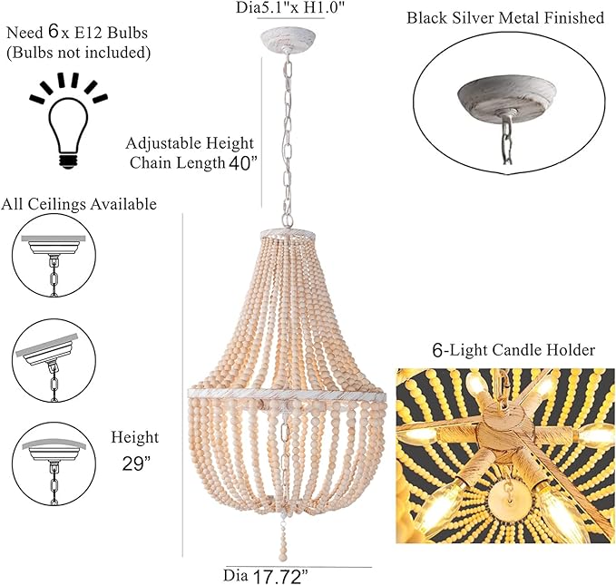 Topaluce18-inch Boho Wood Beaded Chandelier Modern Farmhouse Ceiling Pendant Hanging Lighting Fixture for Dining Room, Foyer, Bedroom,Kitchen Island, Living Room